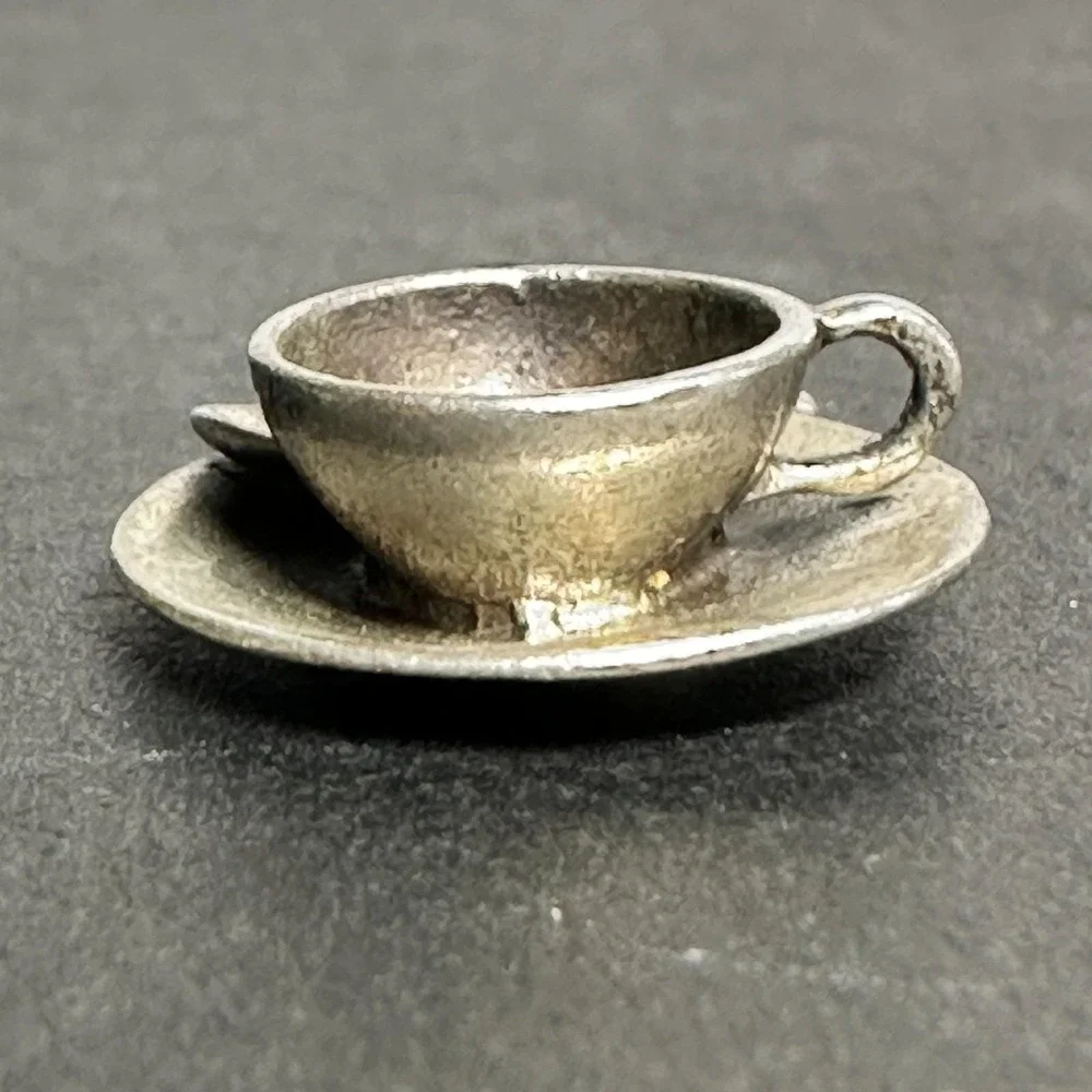 Tea Cup with Saucer and Spoon Vintage .925 Sterling Silver Charm Serving